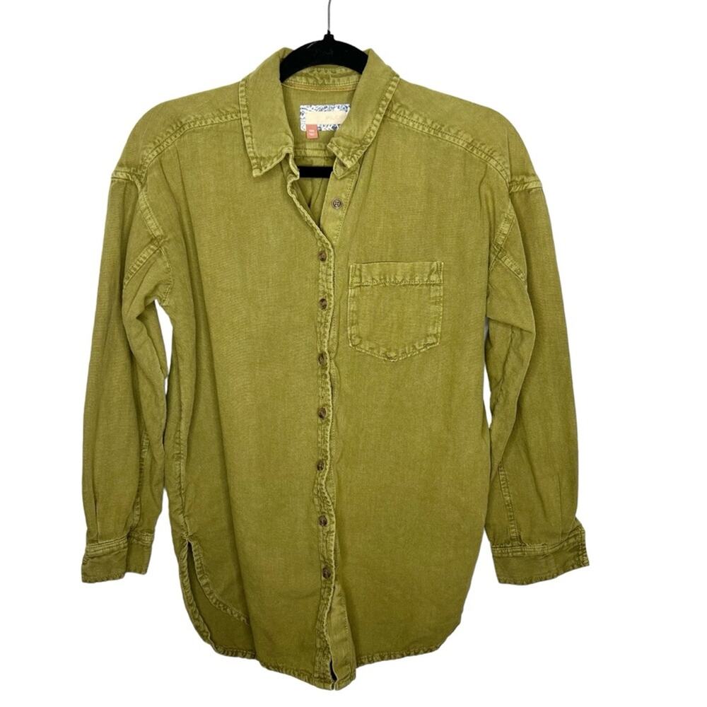 PILCRO / olive army green oxford button front linen blend oversized shirt / XXS